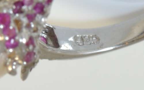 UNUSUAL REAL RED  RUBY AND CREAMY WHITE  PEARL 925 SILVER RING SIZE 8.5