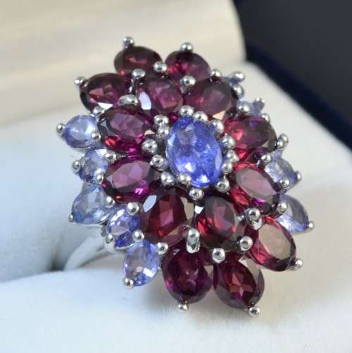 GENUINE TANZANITE AND RHODOLITE GARNET 925 SILVER RING SIZE 9