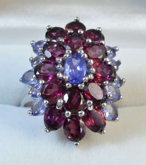 GENUINE TANZANITE AND RHODOLITE GARNET 925 SILVER RING SIZE 9