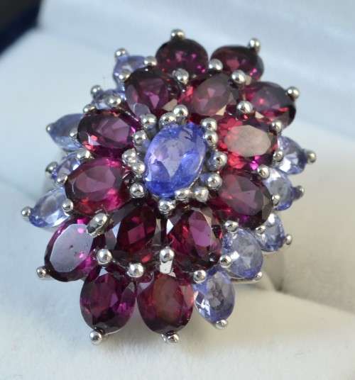 GENUINE TANZANITE AND RHODOLITE GARNET 925 SILVER RING SIZE 9