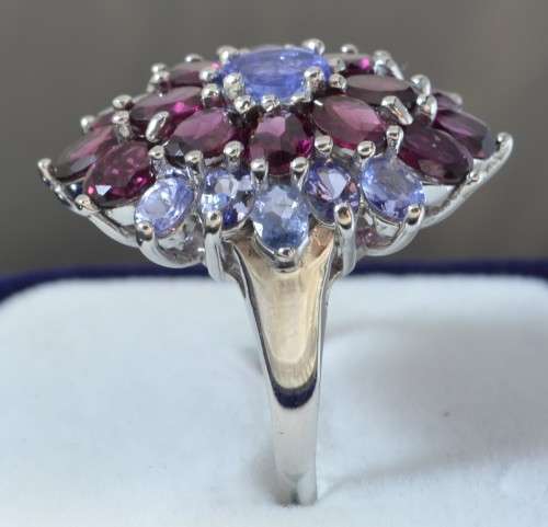 GENUINE TANZANITE AND RHODOLITE GARNET 925 SILVER RING SIZE 9