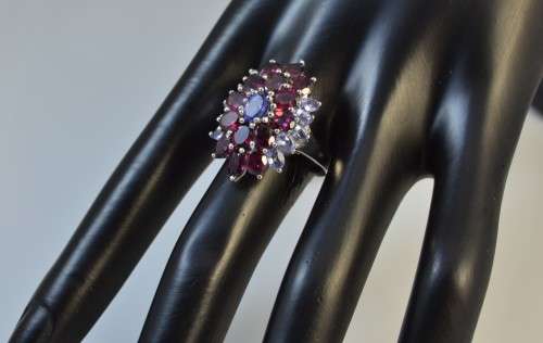 GENUINE TANZANITE AND RHODOLITE GARNET 925 SILVER RING SIZE 9