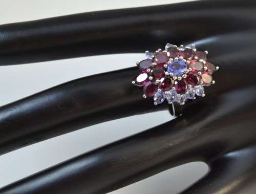GENUINE TANZANITE AND RHODOLITE GARNET 925 SILVER RING SIZE 9