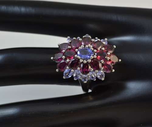 GENUINE TANZANITE AND RHODOLITE GARNET 925 SILVER RING SIZE 9