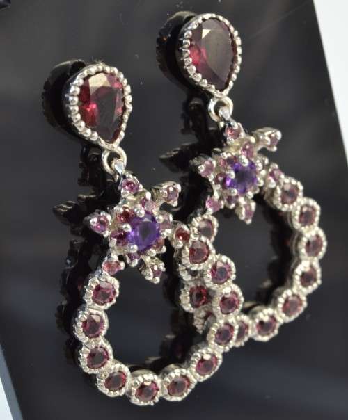GENUINE RHODOLITE GARNET & AMETHYST 925 SILVER EARRINGS