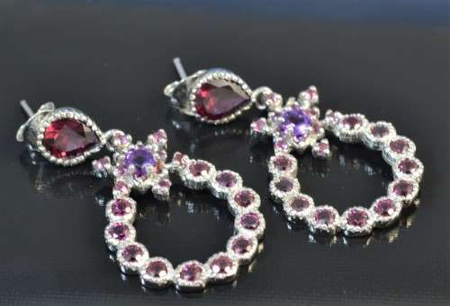 GENUINE RHODOLITE GARNET & AMETHYST 925 SILVER EARRINGS