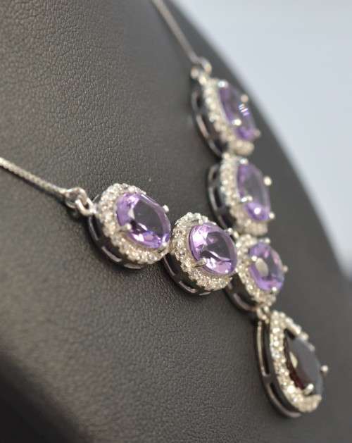 GENUINE AMETHYST, RHODOLITE GARNET AND CZ 925 SILVER NECKLACE