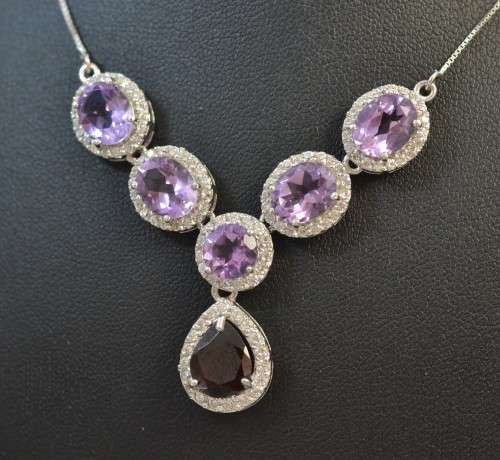 GENUINE AMETHYST, RHODOLITE GARNET AND CZ 925 SILVER NECKLACE