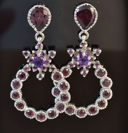 GENUINE RHODOLITE GARNET & AMETHYST 925 SILVER EARRINGS
