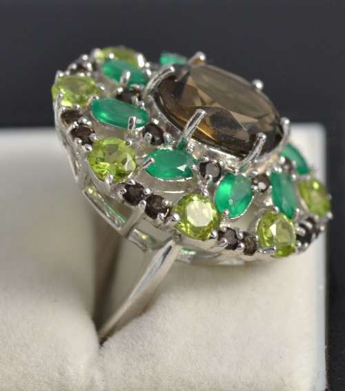 AMAZING GENUINE SMOKY QUARTZ AND AGATE &PERIDOT 925 SILVER RING SIZE 7.5