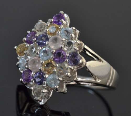 For buyer josip2007 IOLITE TOPAZ, AMETHYST, QUARTZ & CITRINE 925 SILVER CLUSTER STYLE RING SIZE 6.75