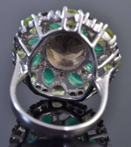 AMAZING GENUINE SMOKY QUARTZ AND AGATE &PERIDOT 925 SILVER RING SIZE 7.5