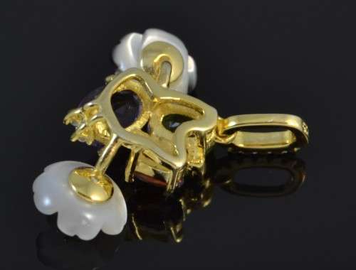 MOTHER OF PEARL CARVED FLOWER, PERIDOT AMETHYST GARNET 925 SILVER PENDANT