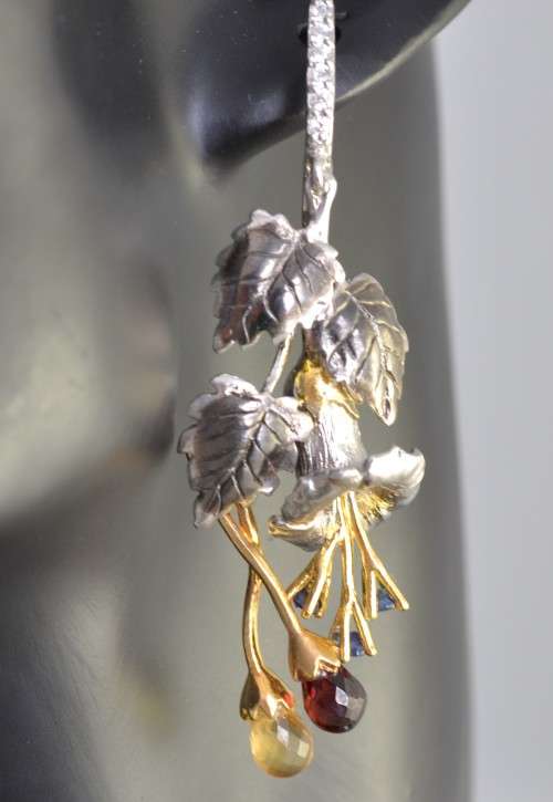 FLOWER AND LEAF DESIGN CITRINE, GARNET BRIOLETTE & SAPPHIRE 925 SILVER EARRINGS