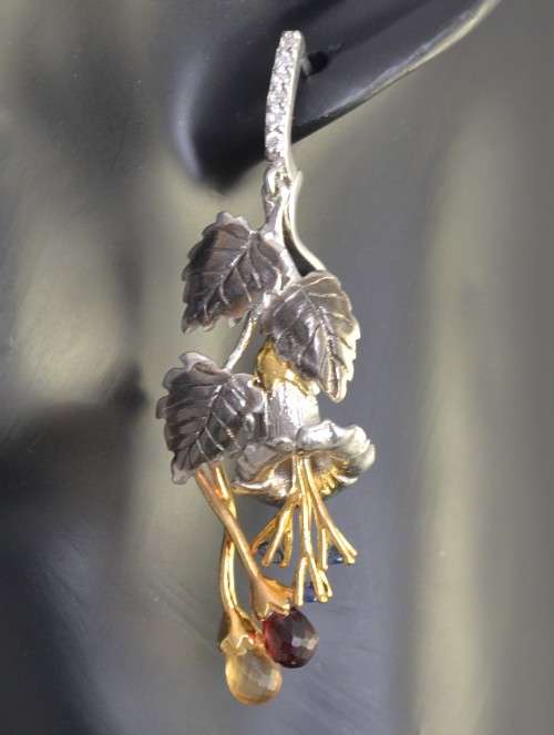 FLOWER AND LEAF DESIGN CITRINE, GARNET BRIOLETTE & SAPPHIRE 925 SILVER EARRINGS