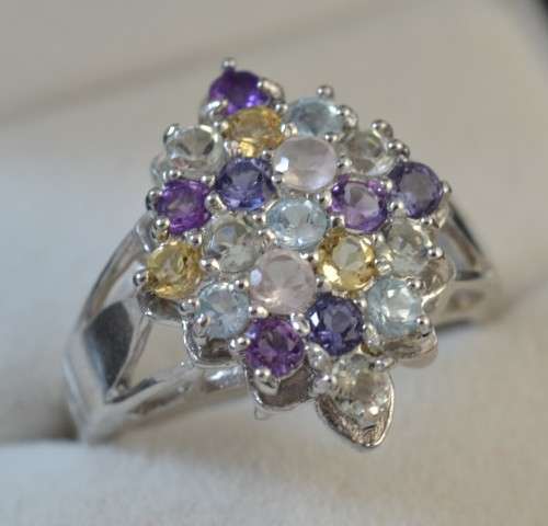 For buyer josip2007 IOLITE TOPAZ, AMETHYST, QUARTZ & CITRINE 925 SILVER CLUSTER STYLE RING SIZE 6.75