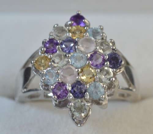 For buyer josip2007 IOLITE TOPAZ, AMETHYST, QUARTZ & CITRINE 925 SILVER CLUSTER STYLE RING SIZE 6.75