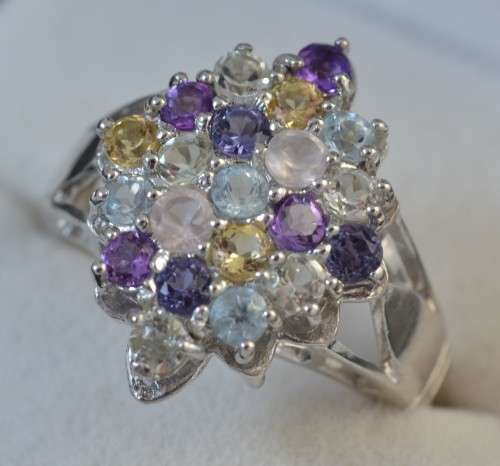 For buyer josip2007 IOLITE TOPAZ, AMETHYST, QUARTZ & CITRINE 925 SILVER CLUSTER STYLE RING SIZE 6.75