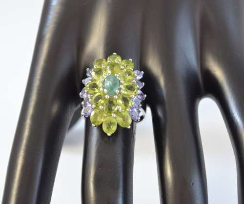 GENUINE PERIDOT EMERALD & TANZANITE 925 SILVER RING SIZE 8