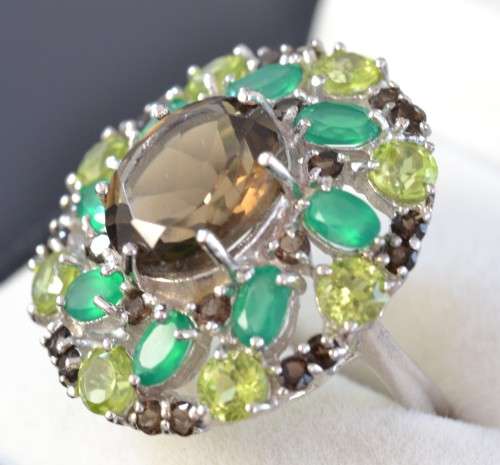 AMAZING GENUINE SMOKY QUARTZ AND AGATE &PERIDOT 925 SILVER RING SIZE 7.5