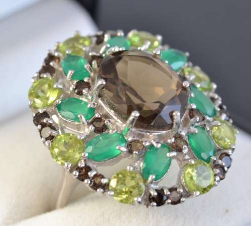 AMAZING GENUINE SMOKY QUARTZ AND AGATE &PERIDOT 925 SILVER RING SIZE 7.5