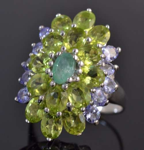 GENUINE PERIDOT EMERALD & TANZANITE 925 SILVER RING SIZE 8