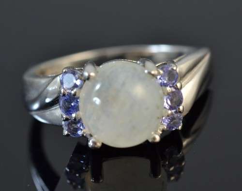 GENUINE FIRE BLUE MOONSTONE TANZANITE 925 SILVER RING SIZE 8
