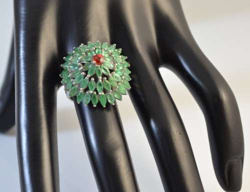 GENUINE EMERALD & SONGEA SAPPHIRE 925 SILVER RING SIZE 8.5