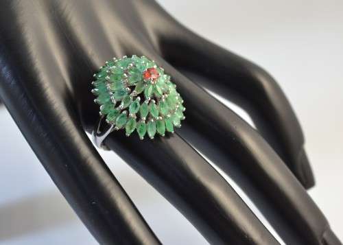 GENUINE EMERALD & SONGEA SAPPHIRE 925 SILVER RING SIZE 8.5