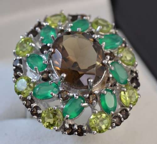 AMAZING GENUINE SMOKY QUARTZ AND AGATE &PERIDOT 925 SILVER RING SIZE 7.5