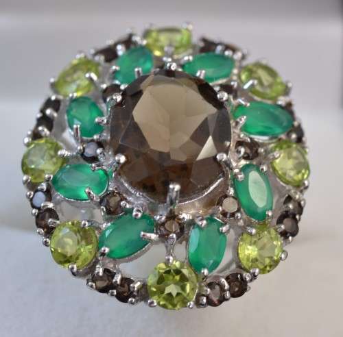 AMAZING GENUINE SMOKY QUARTZ AND AGATE &PERIDOT 925 SILVER RING SIZE 7.5
