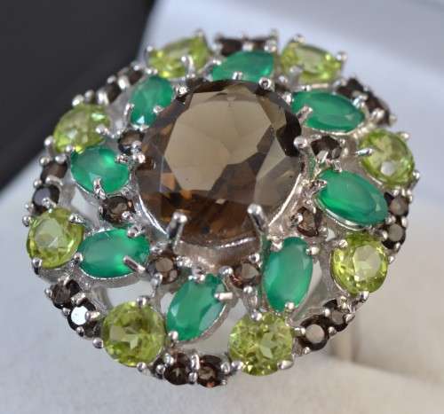 AMAZING GENUINE SMOKY QUARTZ AND AGATE &PERIDOT 925 SILVER RING SIZE 7.5