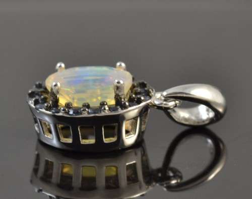 **SET** GENUINE AAA FACET CUT RAINBOW OPAL &  SAPPHIRE 925 SILVER RING SIZE 7 WITH MATCHING PENDANT