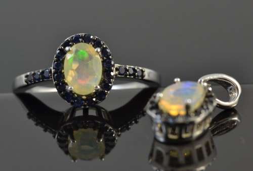 **SET** GENUINE AAA FACET CUT RAINBOW OPAL &  SAPPHIRE 925 SILVER RING SIZE 7 WITH MATCHING PENDANT