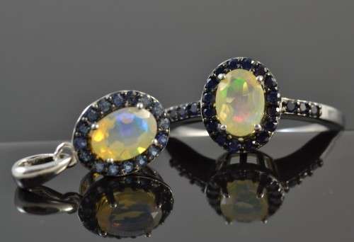 **SET** GENUINE AAA FACET CUT RAINBOW OPAL &  SAPPHIRE 925 SILVER RING SIZE 7 WITH MATCHING PENDANT