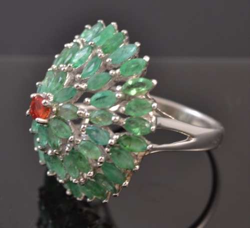 GENUINE EMERALD & SONGEA SAPPHIRE 925 SILVER RING SIZE 8.5