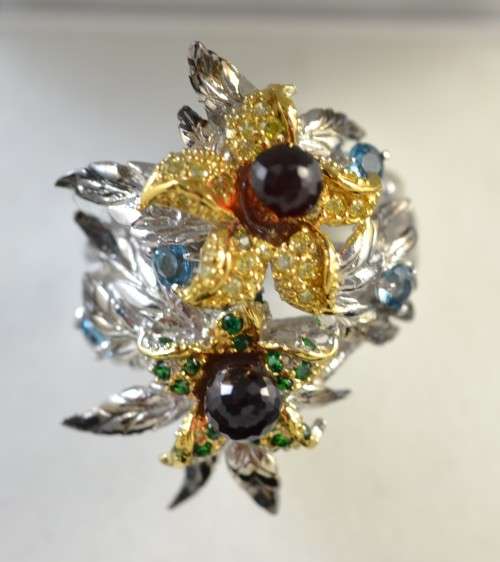 EXQUISITE DESIGN NATURAL BRIOLETTE CUT GARNET AND LONDON BLUE TOPAZ & CZ 925 SILVER RINGS SIZE 7.5