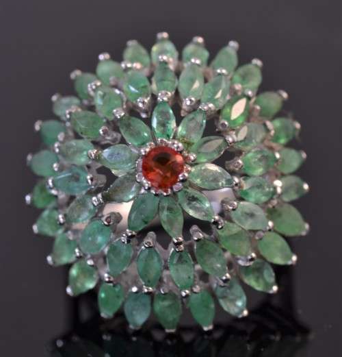 GENUINE EMERALD & SONGEA SAPPHIRE 925 SILVER RING SIZE 8.5