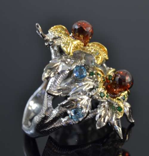 EXQUISITE DESIGN NATURAL BRIOLETTE CUT GARNET AND LONDON BLUE TOPAZ & CZ 925 SILVER RINGS SIZE 7.5