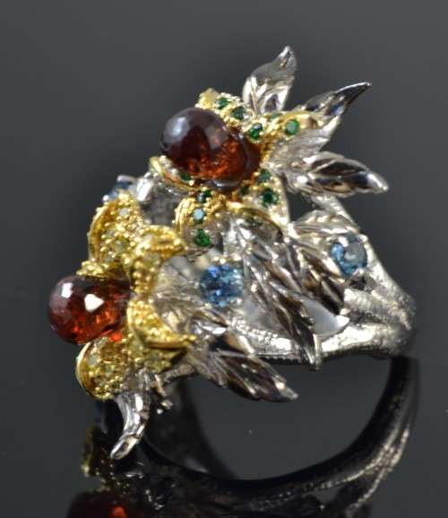EXQUISITE DESIGN NATURAL BRIOLETTE CUT GARNET AND LONDON BLUE TOPAZ & CZ 925 SILVER RINGS SIZE 7.5