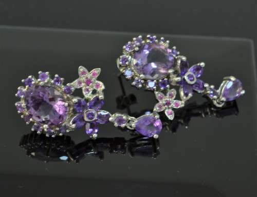 NATURAL TOP QUALITY AMETHYST AND PINK SAPPHIRE 925 SILVER EARRINGS