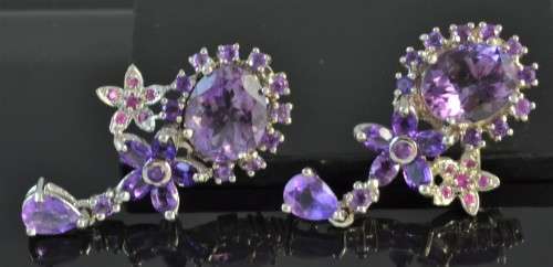 NATURAL TOP QUALITY AMETHYST AND PINK SAPPHIRE 925 SILVER EARRINGS