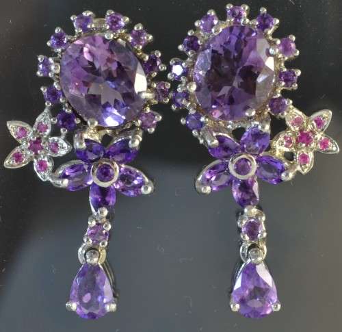 NATURAL TOP QUALITY AMETHYST AND PINK SAPPHIRE 925 SILVER EARRINGS
