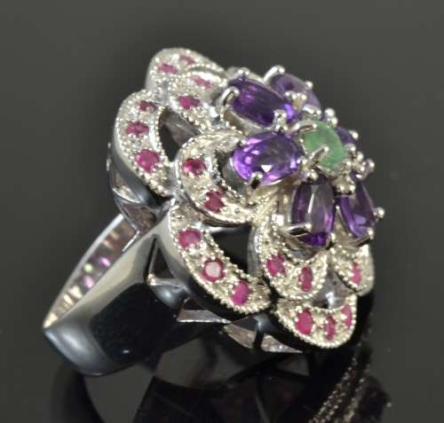 REAL AMETHYST, EMERALD AND RUBY 925 SILVER RING SIZE 8.5