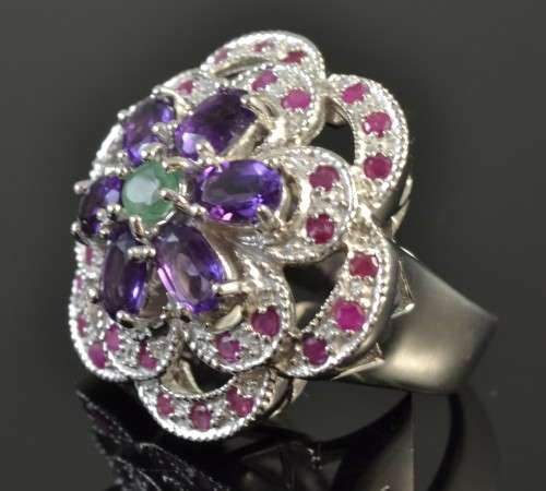 REAL AMETHYST, EMERALD AND RUBY 925 SILVER RING SIZE 8.5
