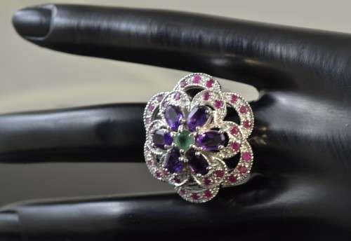REAL AMETHYST, EMERALD AND RUBY 925 SILVER RING SIZE 8.5