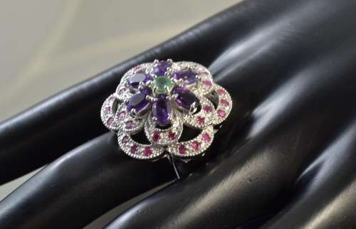 REAL AMETHYST, EMERALD AND RUBY 925 SILVER RING SIZE 8.5