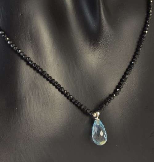 GENUINE BRIOLETTE CUT SKY BLUE TOPAZ AND BLACK SPINAL 925 SILVER NECKLACE