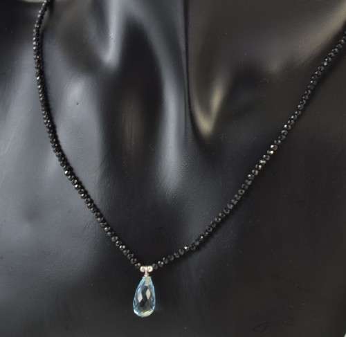 GENUINE BRIOLETTE CUT SKY BLUE TOPAZ AND BLACK SPINAL 925 SILVER NECKLACE