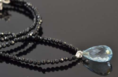 GENUINE BRIOLETTE CUT SKY BLUE TOPAZ AND BLACK SPINAL 925 SILVER NECKLACE